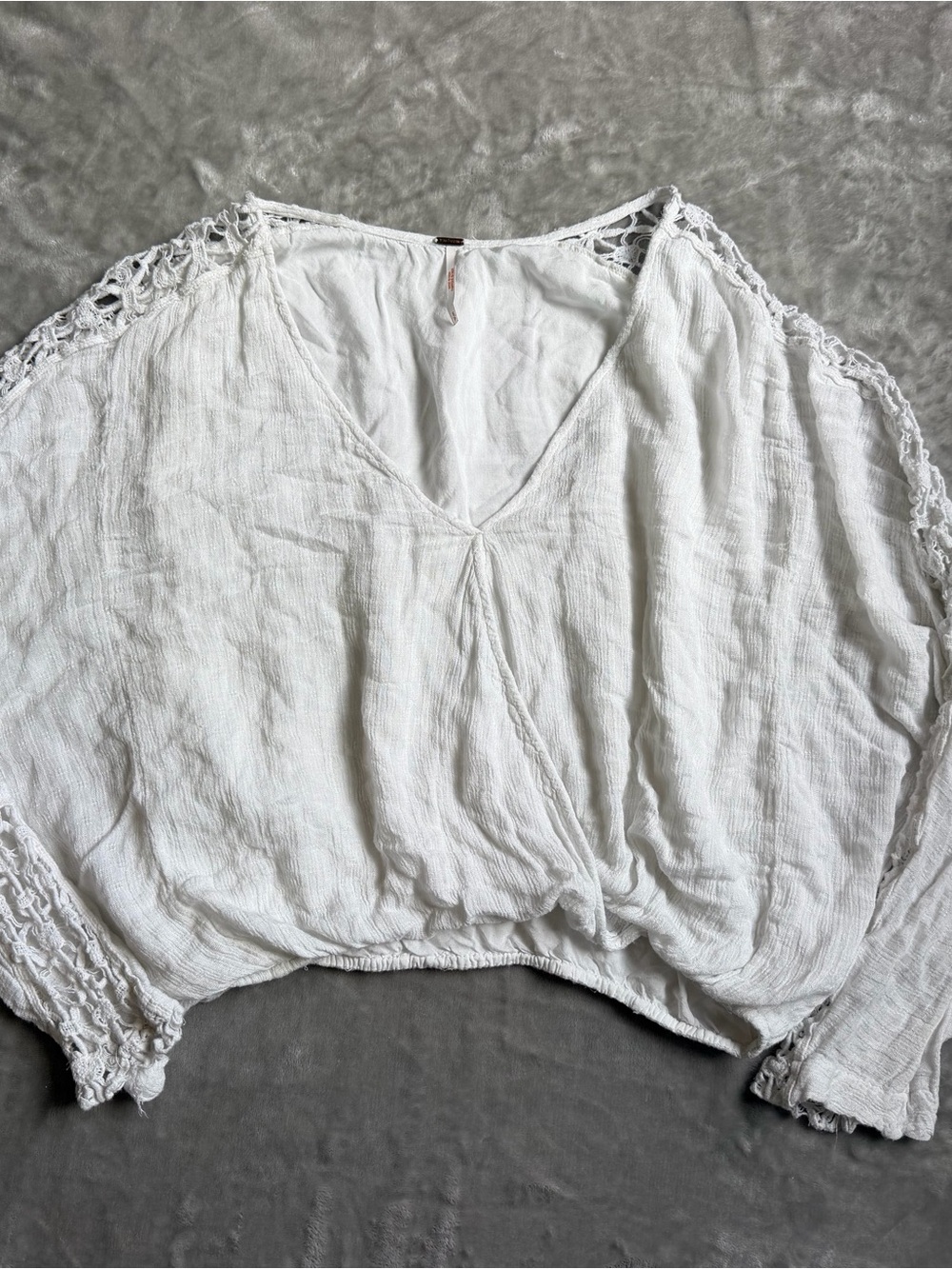Free People White Gauze V-Neck Crochet Sleeve Tunic